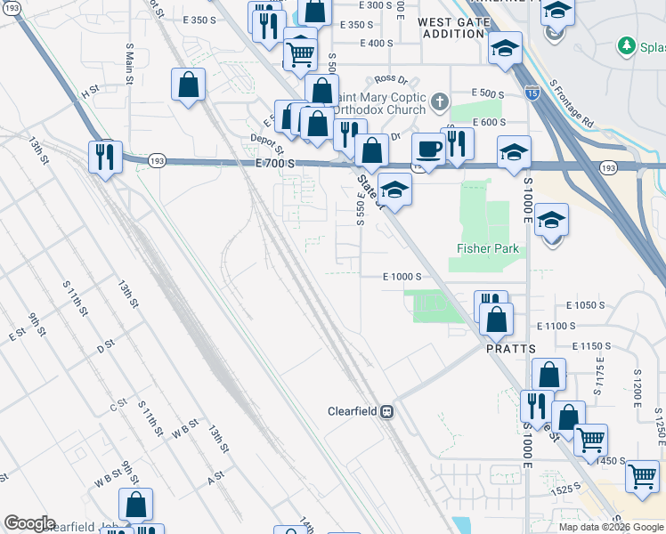 map of restaurants, bars, coffee shops, grocery stores, and more near 960 South 550 East in Clearfield