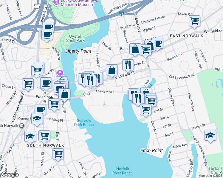 map of restaurants, bars, coffee shops, grocery stores, and more near 33 Seaview Avenue in Norwalk