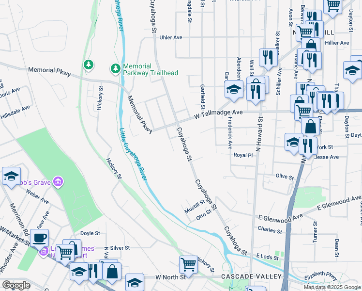 map of restaurants, bars, coffee shops, grocery stores, and more near 348 Cuyahoga Street in Akron