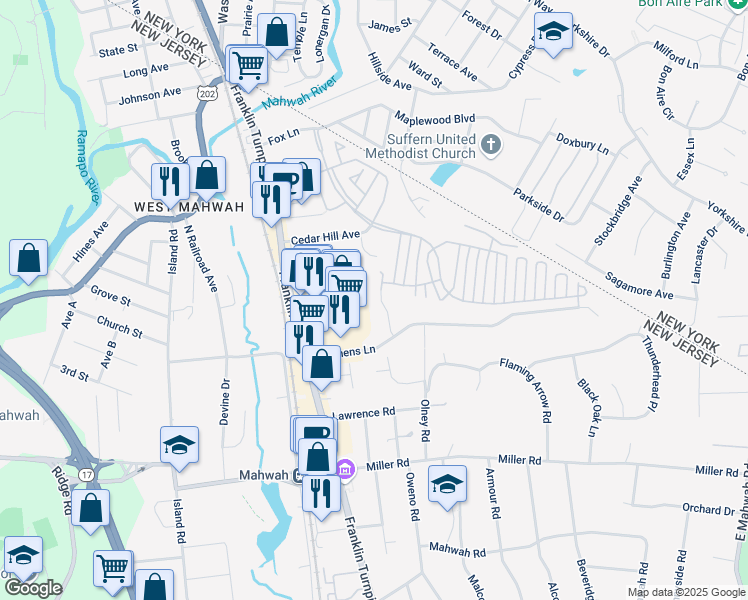 map of restaurants, bars, coffee shops, grocery stores, and more near 130 Arthur Court in Mahwah