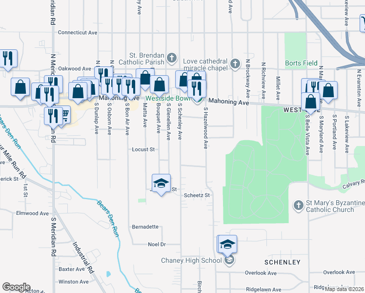 map of restaurants, bars, coffee shops, grocery stores, and more near 122 South Schenley Avenue in Youngstown