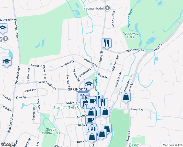 map of restaurants, bars, coffee shops, grocery stores, and more near 1230 Hope Street in Stamford