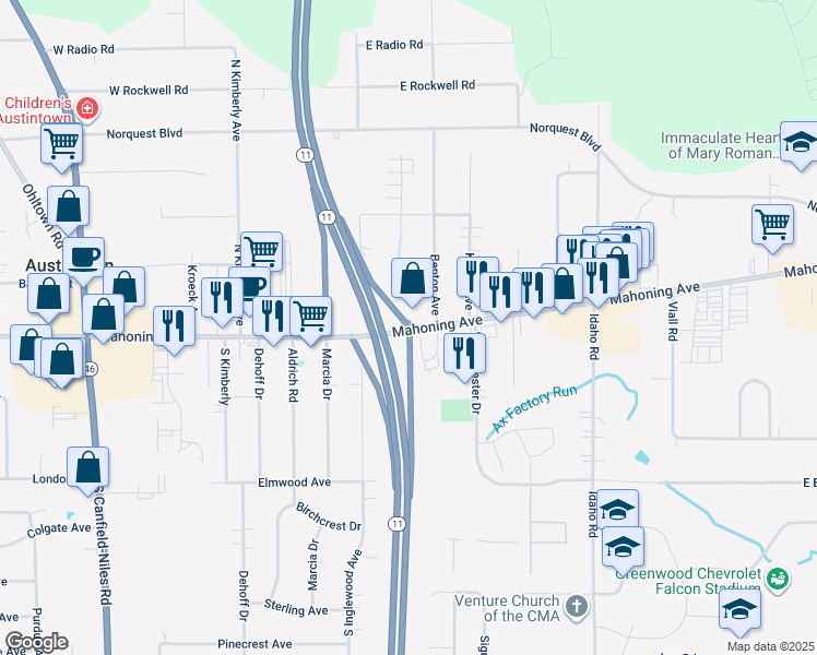 map of restaurants, bars, coffee shops, grocery stores, and more near in Austintown