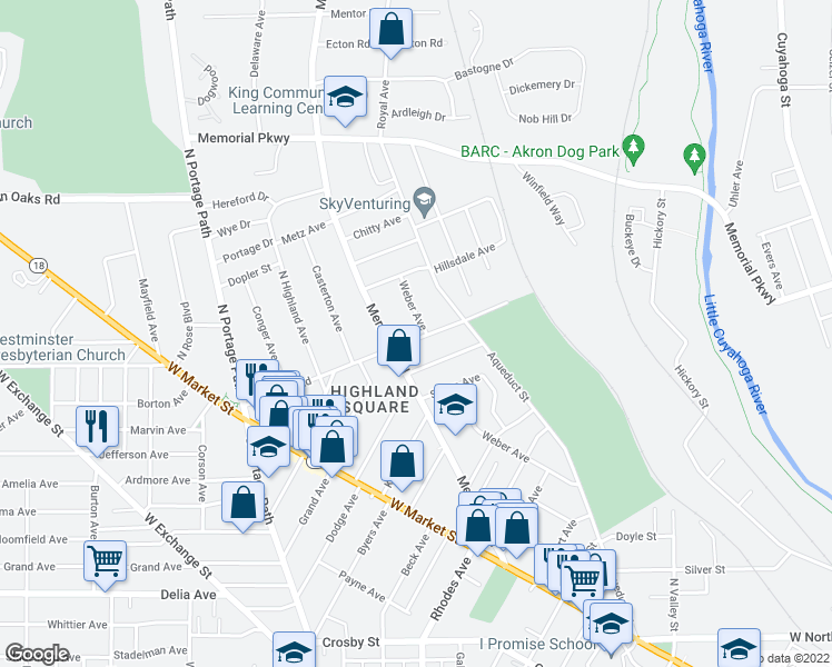 map of restaurants, bars, coffee shops, grocery stores, and more near 211 Edgerton Road in Akron