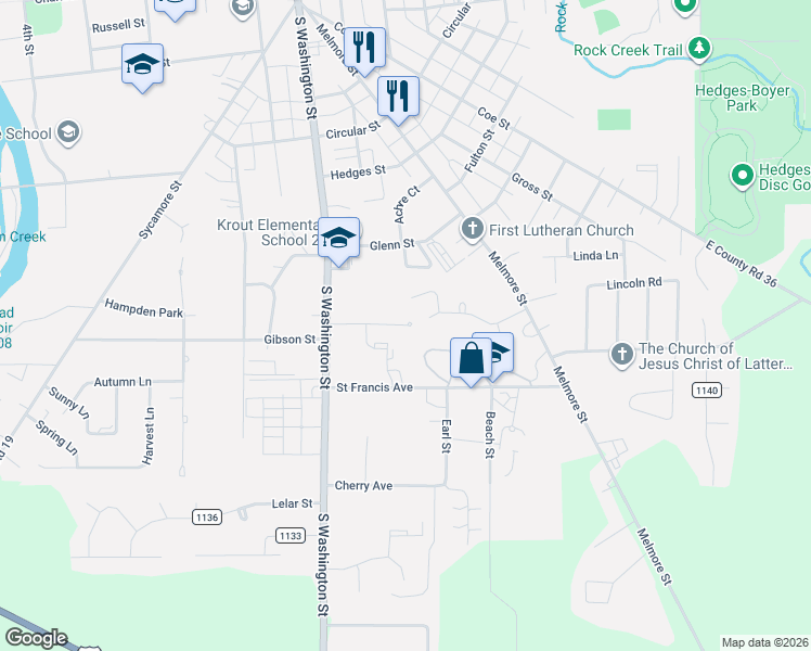 map of restaurants, bars, coffee shops, grocery stores, and more near 98 Orchard Park in Tiffin