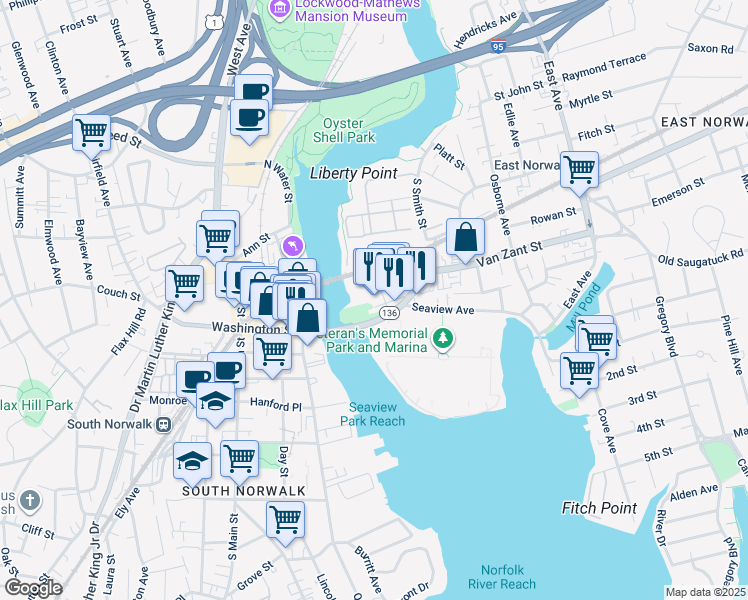 map of restaurants, bars, coffee shops, grocery stores, and more near 201 Liberty Square in Norwalk