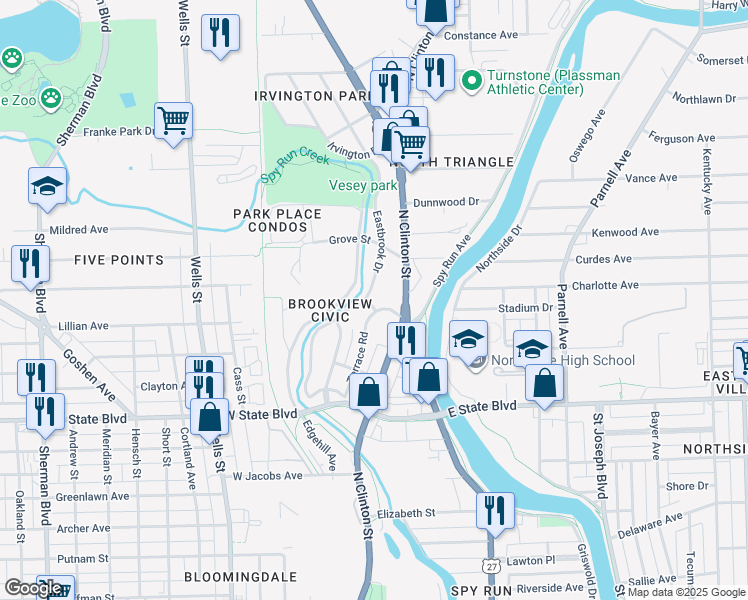 map of restaurants, bars, coffee shops, grocery stores, and more near 2602 Eastbrook Drive in Fort Wayne