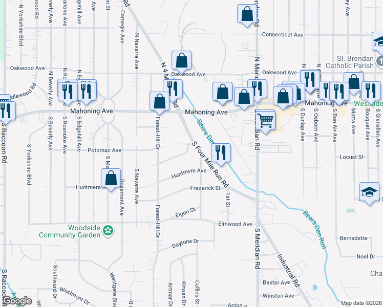 map of restaurants, bars, coffee shops, grocery stores, and more near 3819 Oakleigh Avenue in Youngstown