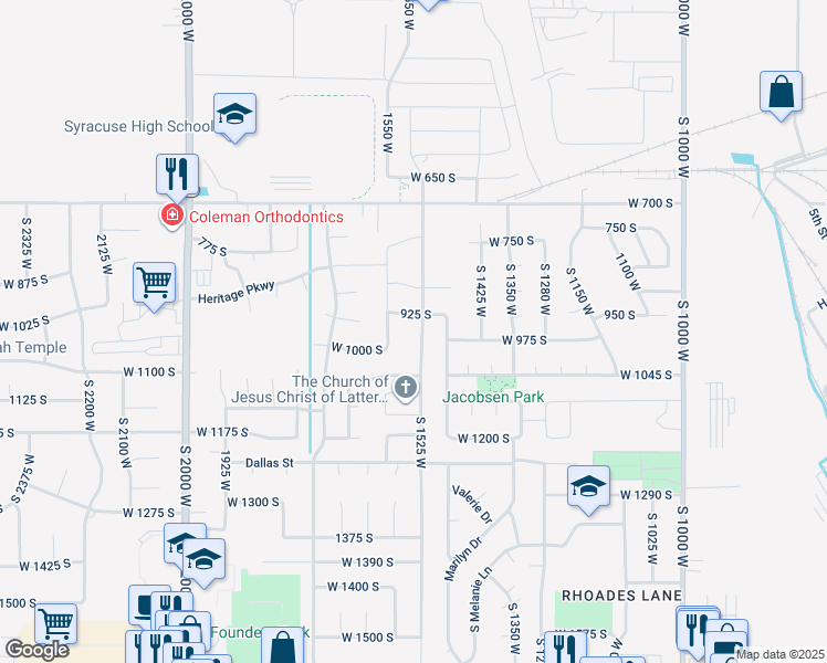 map of restaurants, bars, coffee shops, grocery stores, and more near 956 South 1525 West in Syracuse