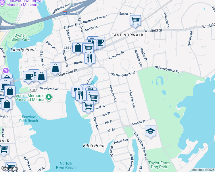 map of restaurants, bars, coffee shops, grocery stores, and more near 30 Gregory Boulevard in Norwalk
