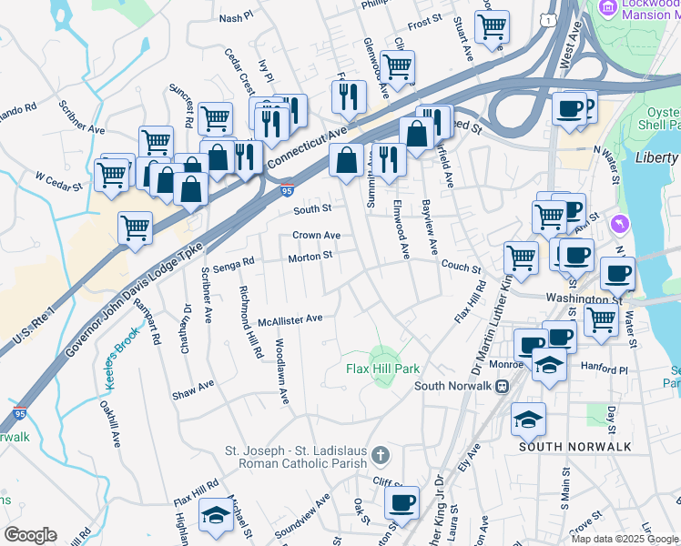 map of restaurants, bars, coffee shops, grocery stores, and more near 15 Avenue A in Norwalk