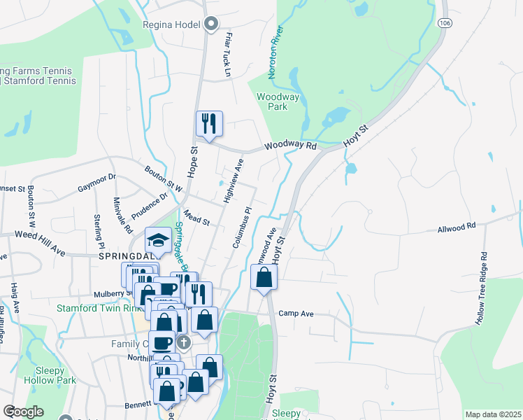 map of restaurants, bars, coffee shops, grocery stores, and more near 21 River Place in Stamford