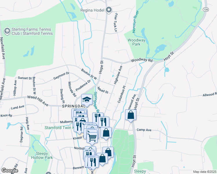 map of restaurants, bars, coffee shops, grocery stores, and more near 39 Bouton Street East in Stamford