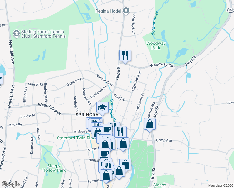 map of restaurants, bars, coffee shops, grocery stores, and more near 10 Mead Street in Stamford