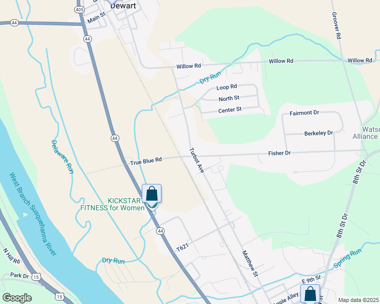 map of restaurants, bars, coffee shops, grocery stores, and more near Turbot Ave in Watsontown