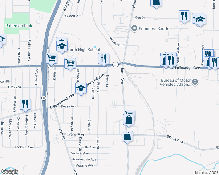 map of restaurants, bars, coffee shops, grocery stores, and more near 975 Nevin Street in Akron