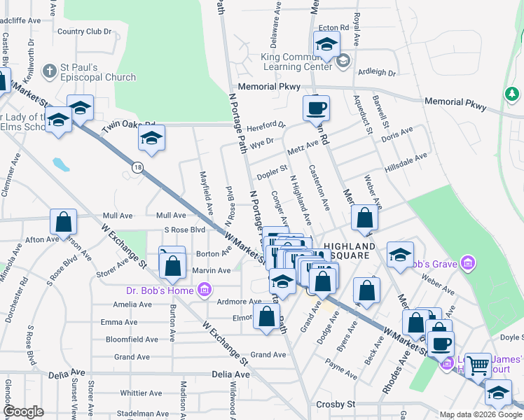 map of restaurants, bars, coffee shops, grocery stores, and more near 95 North Portage Path in Akron