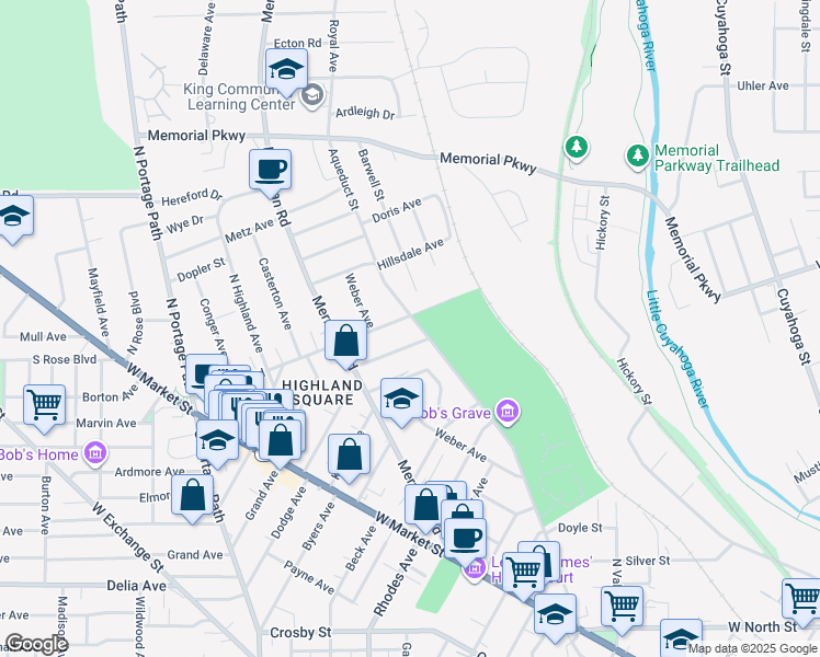 map of restaurants, bars, coffee shops, grocery stores, and more near 372 Aqueduct Street in Akron