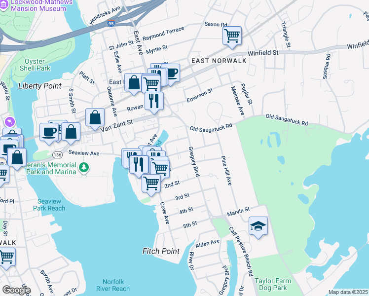 map of restaurants, bars, coffee shops, grocery stores, and more near 30 Gregory Boulevard in Norwalk