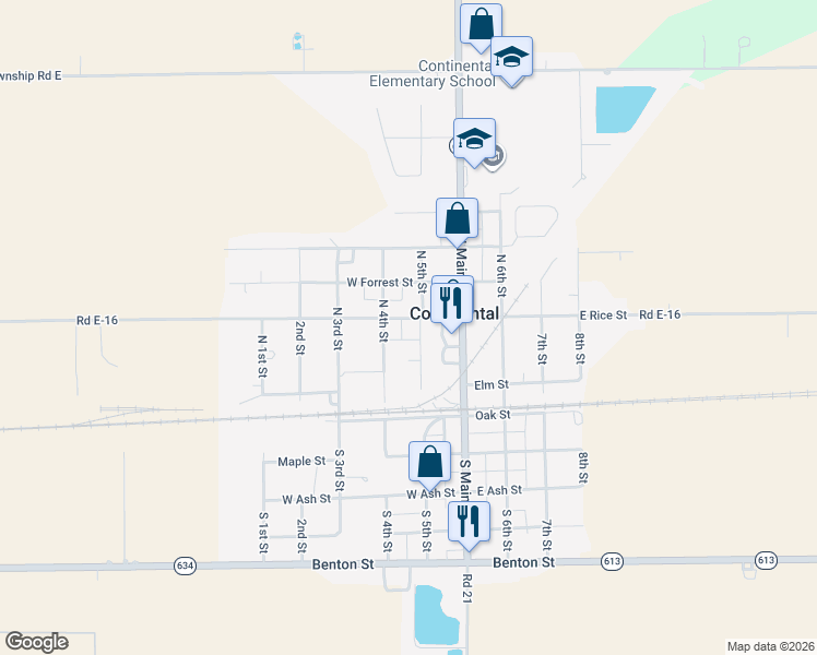 map of restaurants, bars, coffee shops, grocery stores, and more near 207 West Rice Street in Continental