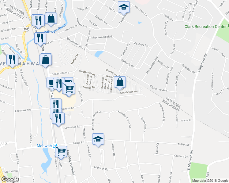 map of restaurants, bars, coffee shops, grocery stores, and more near 2260 Margaret Court in Mahwah