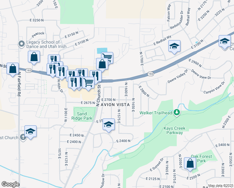 map of restaurants, bars, coffee shops, grocery stores, and more near 2757 North 1575 East in Layton