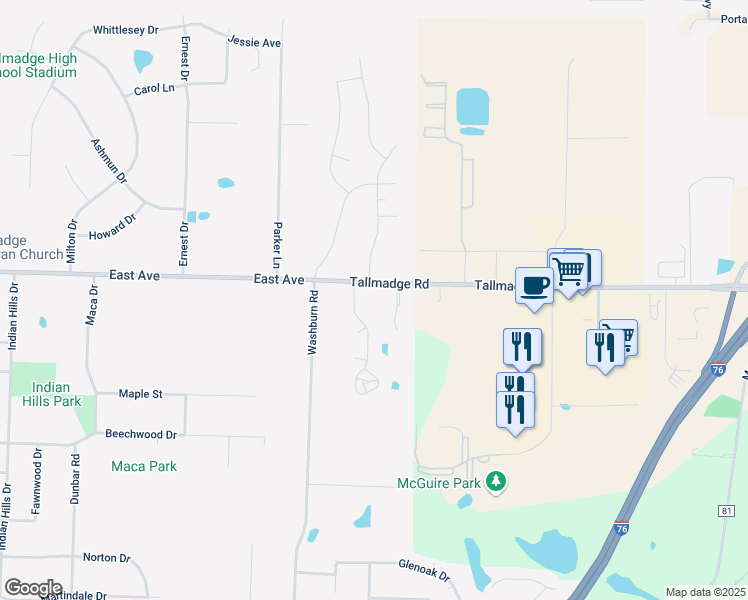 map of restaurants, bars, coffee shops, grocery stores, and more near 1258 East Avenue in Tallmadge