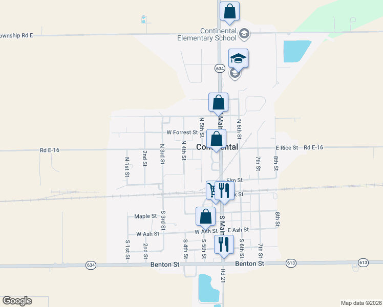 map of restaurants, bars, coffee shops, grocery stores, and more near 207 West Rice Street in Continental