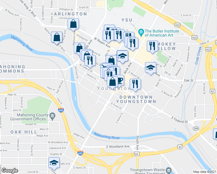 map of restaurants, bars, coffee shops, grocery stores, and more near 17 South Phelps Street in Youngstown