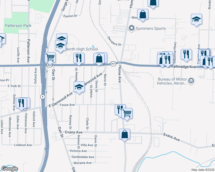 map of restaurants, bars, coffee shops, grocery stores, and more near 975 Nevin Street in Akron