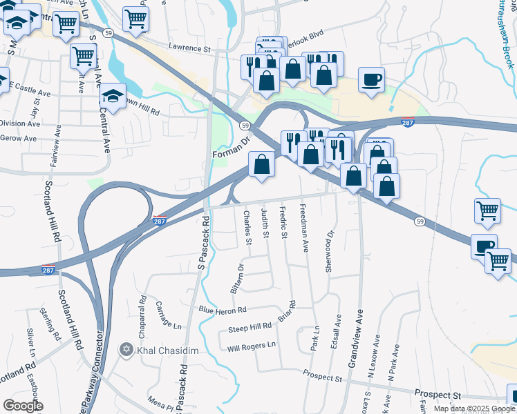 map of restaurants, bars, coffee shops, grocery stores, and more near 2 Judith Street in Nanuet