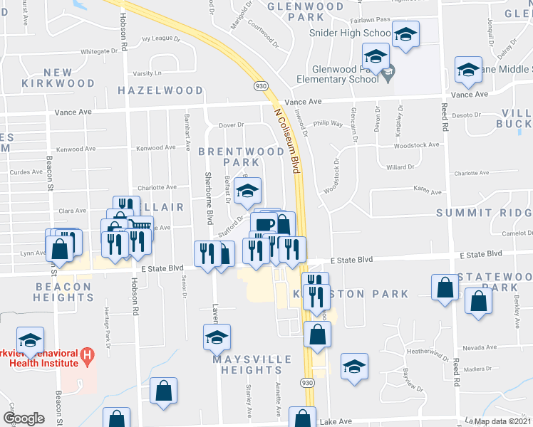 map of restaurants, bars, coffee shops, grocery stores, and more near 2508 Bolton Dr in Fort Wayne