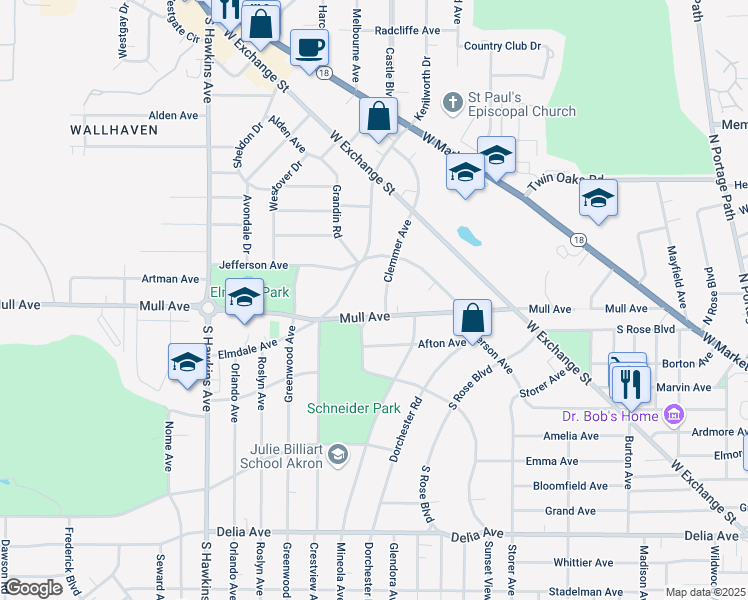 map of restaurants, bars, coffee shops, grocery stores, and more near 222 Clemmer Ave in Akron