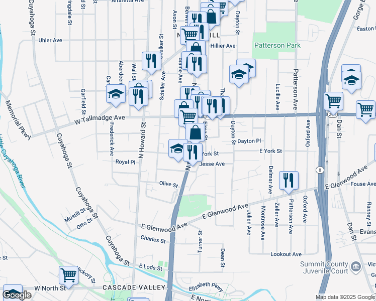map of restaurants, bars, coffee shops, grocery stores, and more near 534 North Main Street in Akron