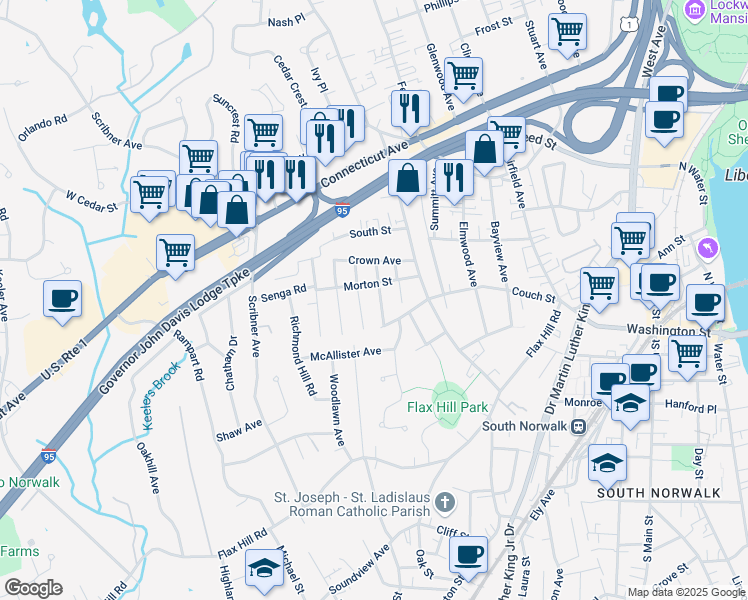 map of restaurants, bars, coffee shops, grocery stores, and more near 16 Avenue B in Norwalk