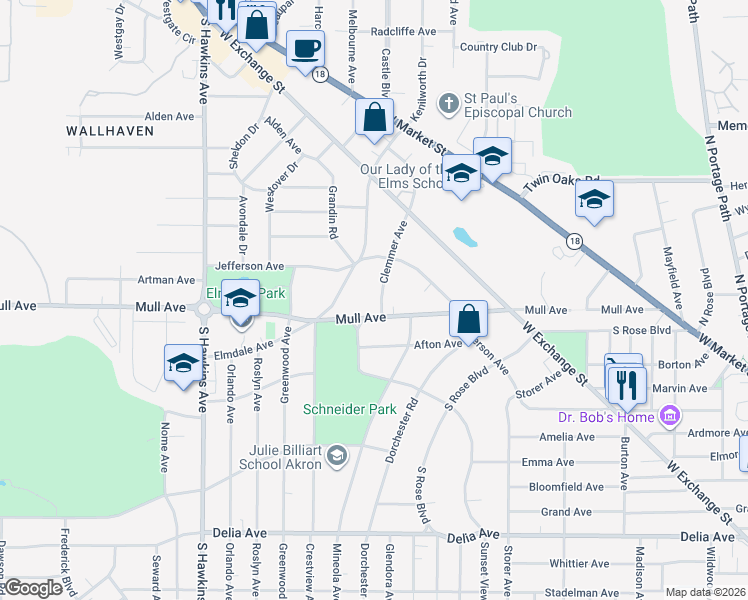 map of restaurants, bars, coffee shops, grocery stores, and more near 222 Clemmer Avenue in Akron