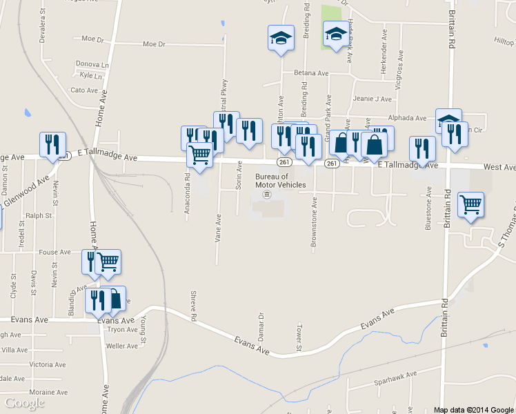 map of restaurants, bars, coffee shops, grocery stores, and more near 1030 East Tallmadge Avenue in Akron