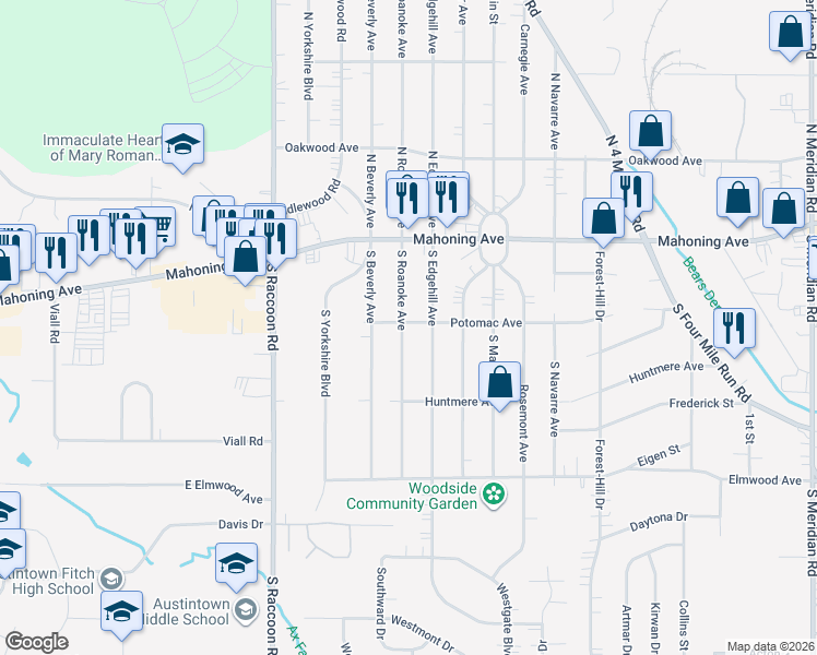 map of restaurants, bars, coffee shops, grocery stores, and more near 101 South Roanoke Avenue in Youngstown