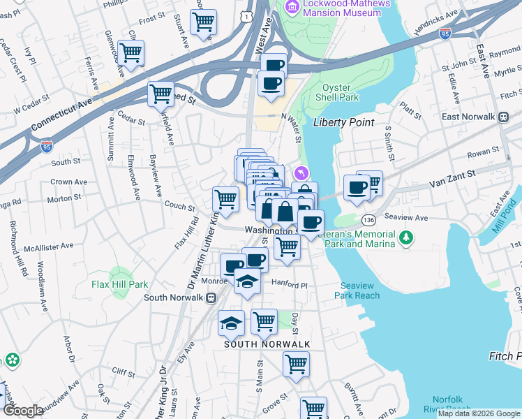 map of restaurants, bars, coffee shops, grocery stores, and more near 44 North Main Street in Norwalk