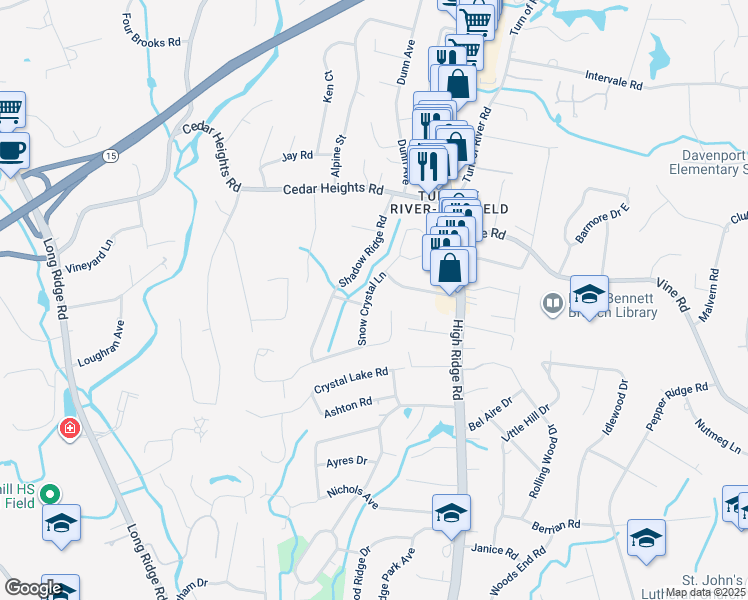 map of restaurants, bars, coffee shops, grocery stores, and more near 37 Snow Crystal Lane in Stamford