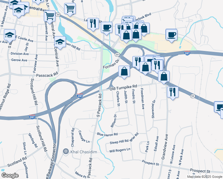 map of restaurants, bars, coffee shops, grocery stores, and more near Old Nyack Turnpike & New Holland Village in Nanuet