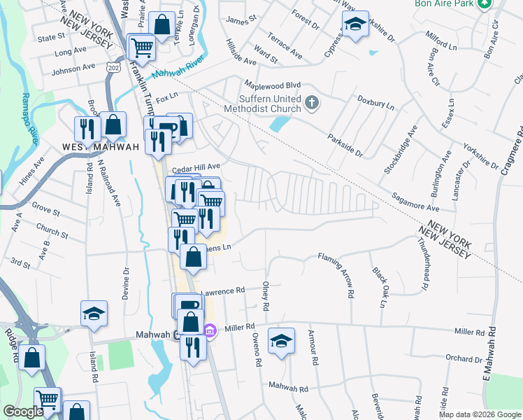 map of restaurants, bars, coffee shops, grocery stores, and more near 2090 Edward Court in Mahwah
