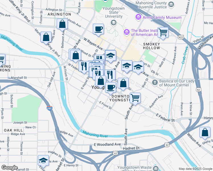 map of restaurants, bars, coffee shops, grocery stores, and more near Federal Plaza East in Youngstown