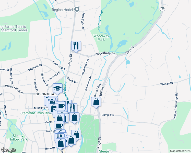 map of restaurants, bars, coffee shops, grocery stores, and more near 21 River Place in Stamford