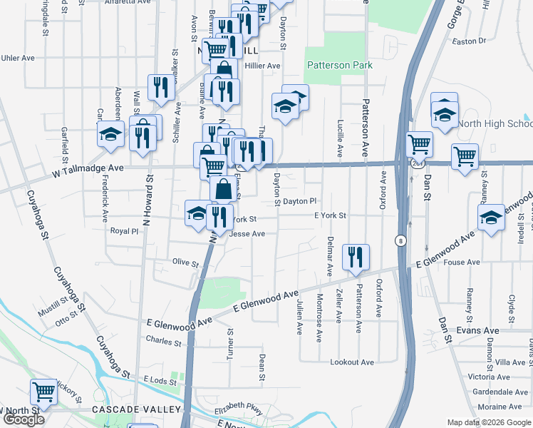 map of restaurants, bars, coffee shops, grocery stores, and more near 185 East York Street in Akron