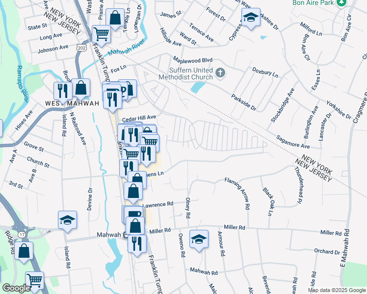 map of restaurants, bars, coffee shops, grocery stores, and more near 2099 Edward Ct in Mahwah