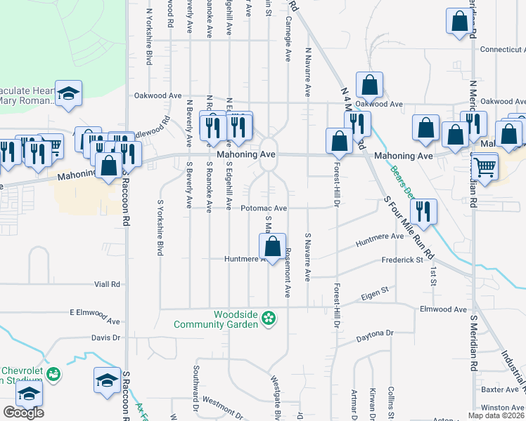 map of restaurants, bars, coffee shops, grocery stores, and more near 102 South Main Street in Youngstown