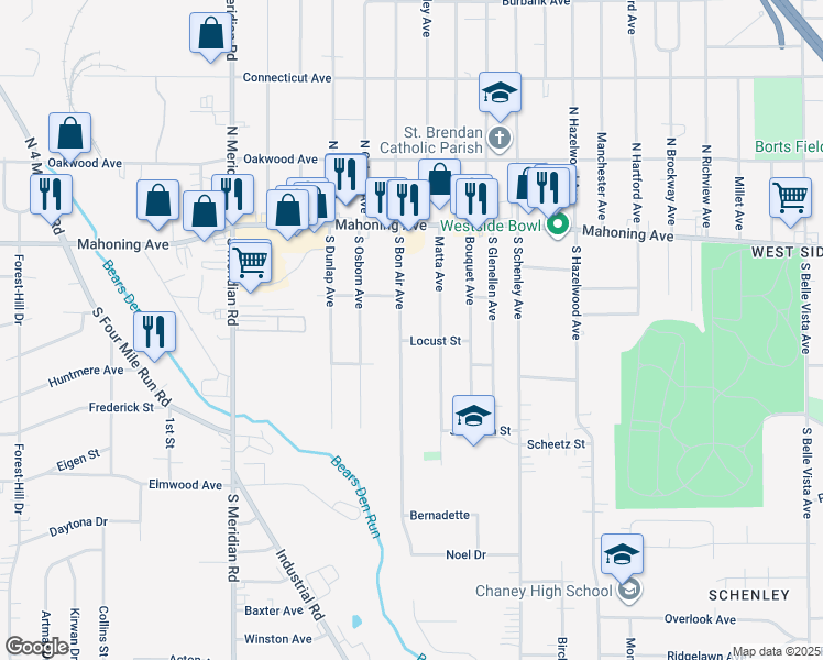 map of restaurants, bars, coffee shops, grocery stores, and more near 127 South Bon Air Avenue in Youngstown