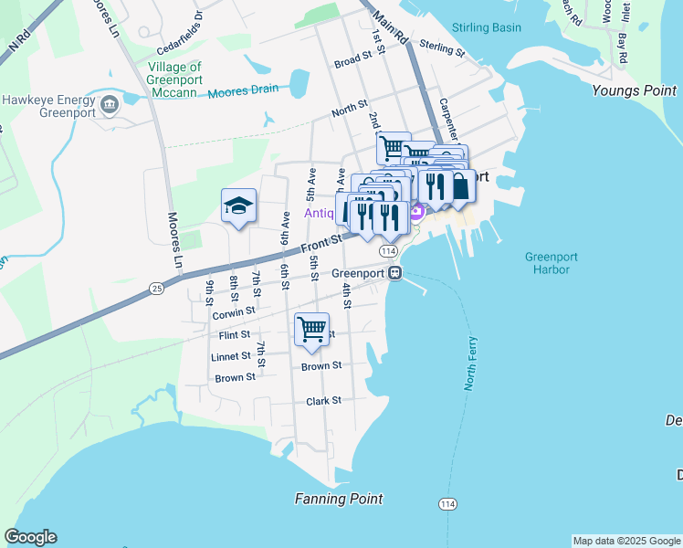 map of restaurants, bars, coffee shops, grocery stores, and more near 401 Wiggins Street in Greenport