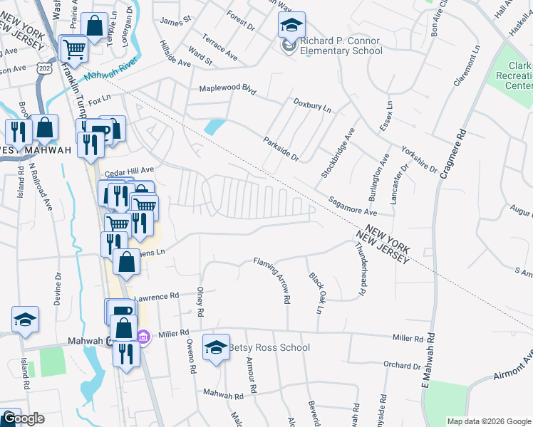 map of restaurants, bars, coffee shops, grocery stores, and more near 2316 Oakham Court in Mahwah